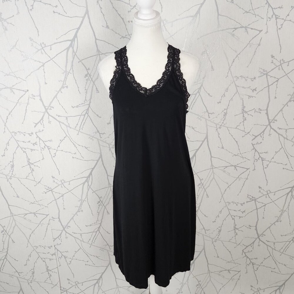 Fleur'T Black Micromodal Stretch Jersey Lace Trim Slip Dress